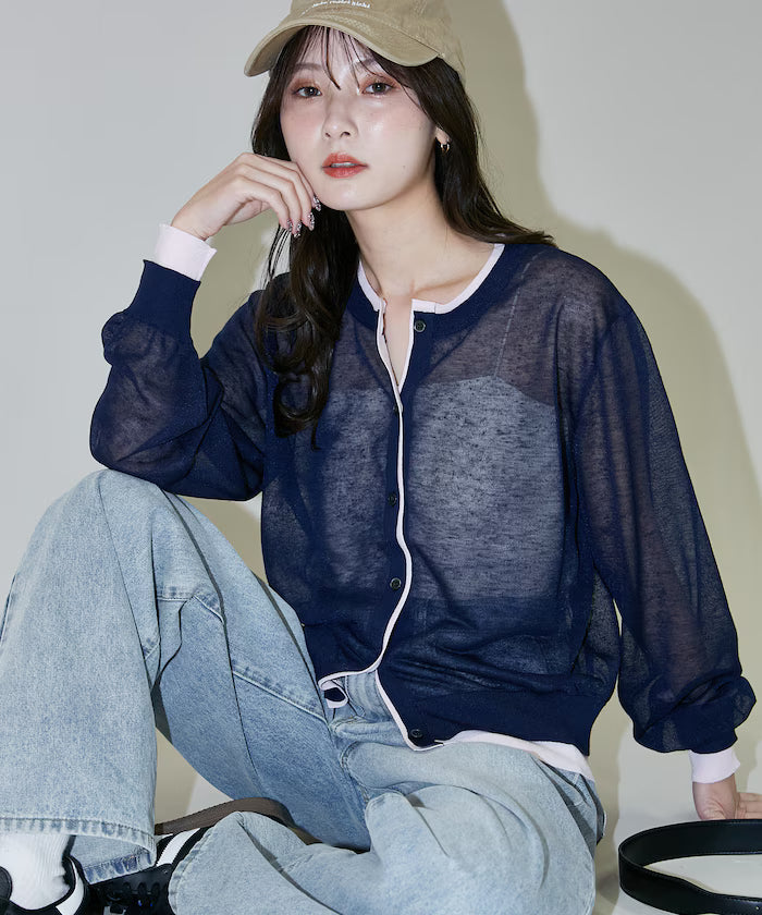 Washable Linen Color Block Sheer Knit Cardigan Limited Edition