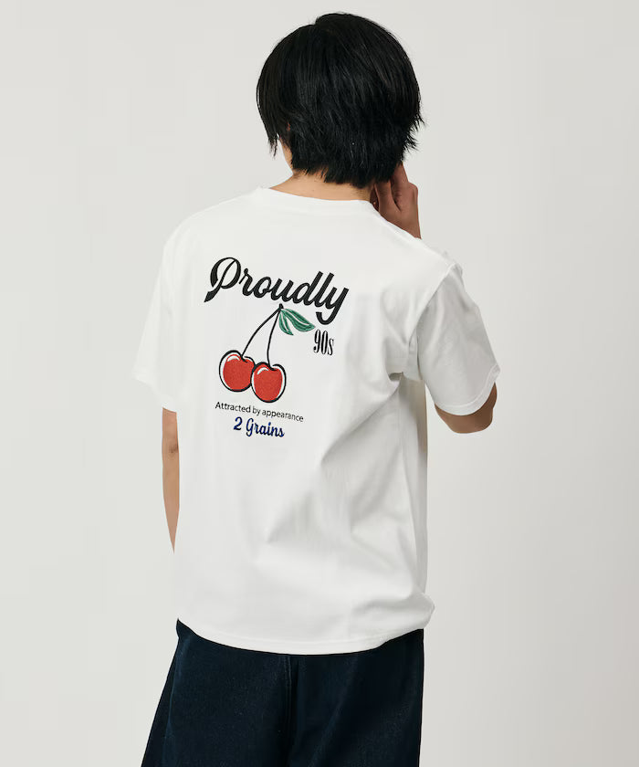 Relaxed Fit Design Back Embroidery Crew Neck T-Shirt / Cherry / Ringer 【Limited Edition】