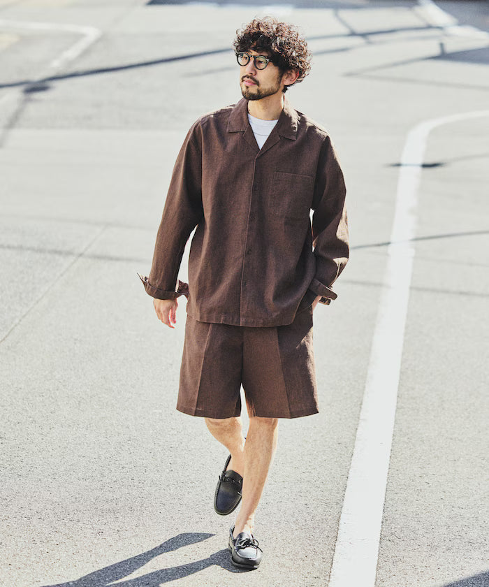 LINEN COTTON OPEN COLLAR SHIRT【Compatible with setups】