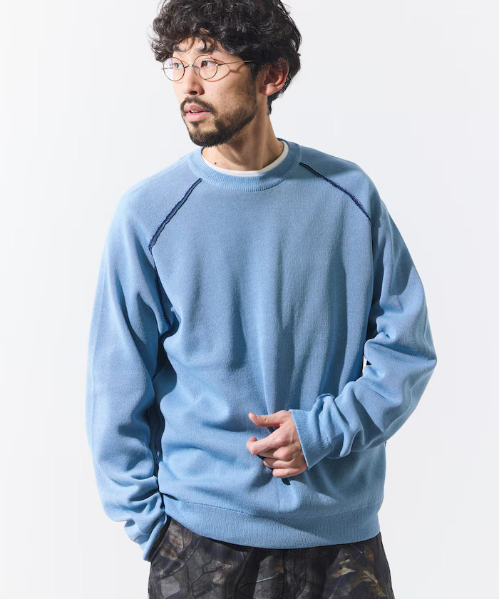 Cool Touch W Face Color Block Crew Neck Knit - Sax Blue