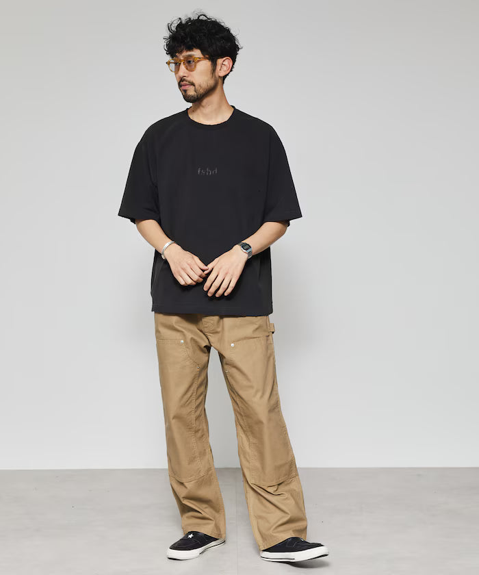7.3 oz damaged processed front logo print short sleeve T-shirt / oversized crew neck short sleeve T-shirt