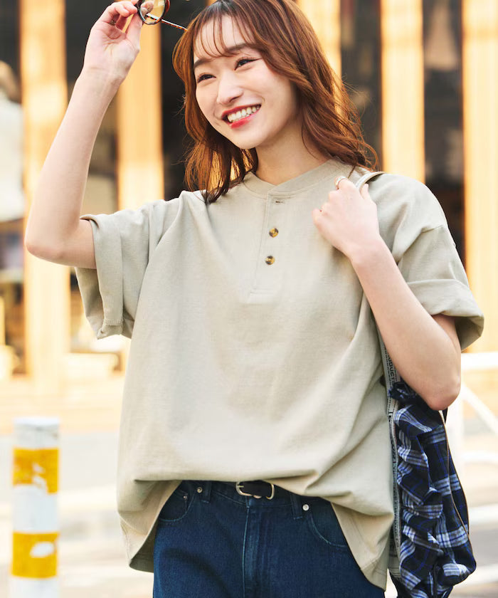 9 oz Heavyweight Big Silhouette Henley Neck T-Shirt/Heavyweight 【Limited Edition】 - Gray Beige