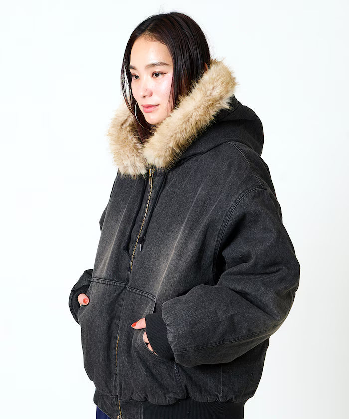 2way fake fur zip-up padded hooded jacket with detachable fur
