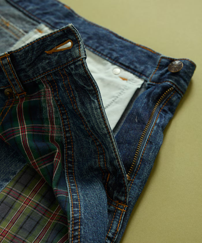 Side Front Denim Color Block Flared Skirt
