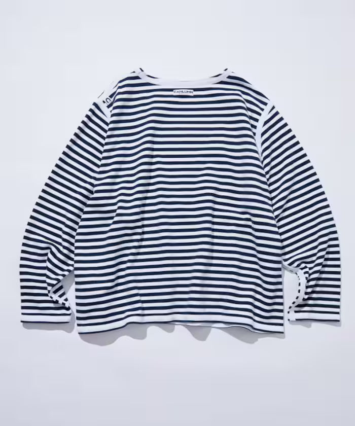 Boat Neck Horizontal Stripe french terry Long Sleeve Tee
