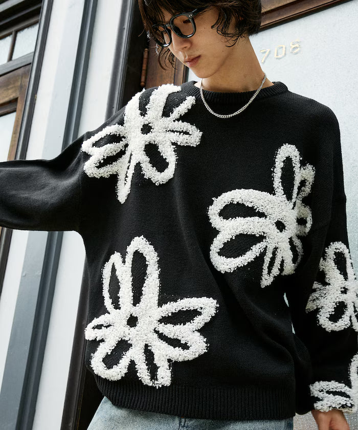 Boucle Flower Pattern Pullover Knit [Limited Edition] - Black