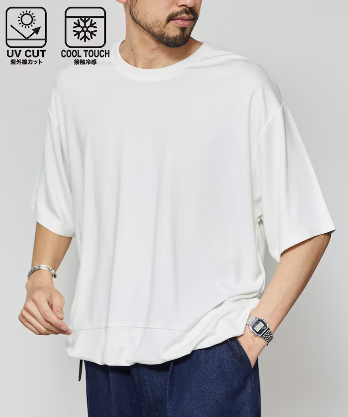 Functional Material Poncho Adjuster T-Shirt / Short Sleeve T-Shirt with Drawcord / Contact Cooling / UV Cut / Quick Dry - White