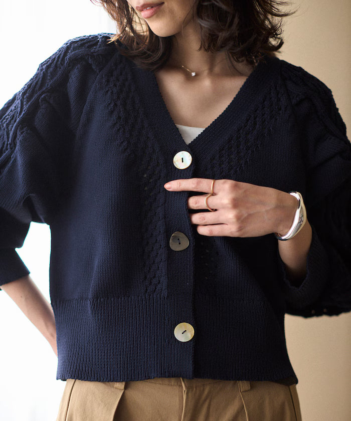 Variation Button Volume Sleeve Cable Knit Cardigan