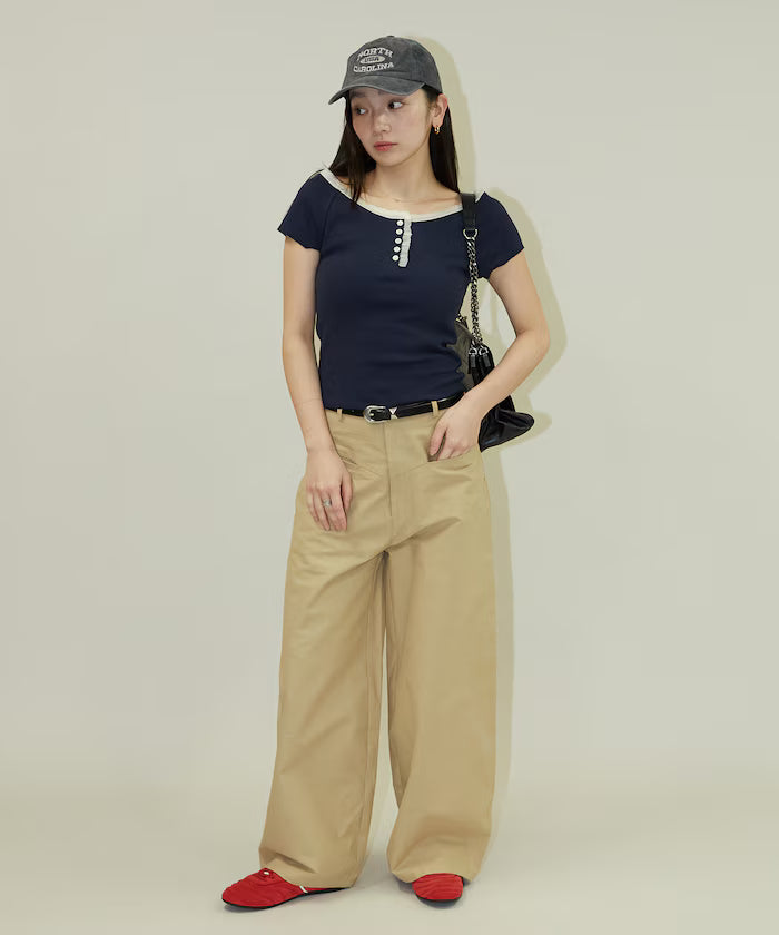 Collar Lace Contrast Henry Rib T-Shirt