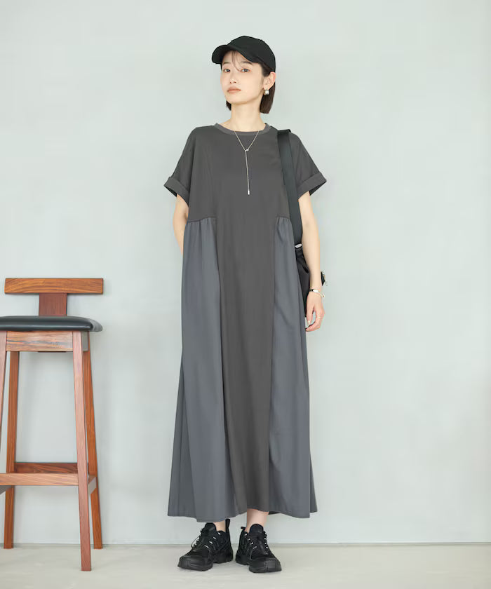 Organic Cotton Mixed Material Docking Gathered Dress