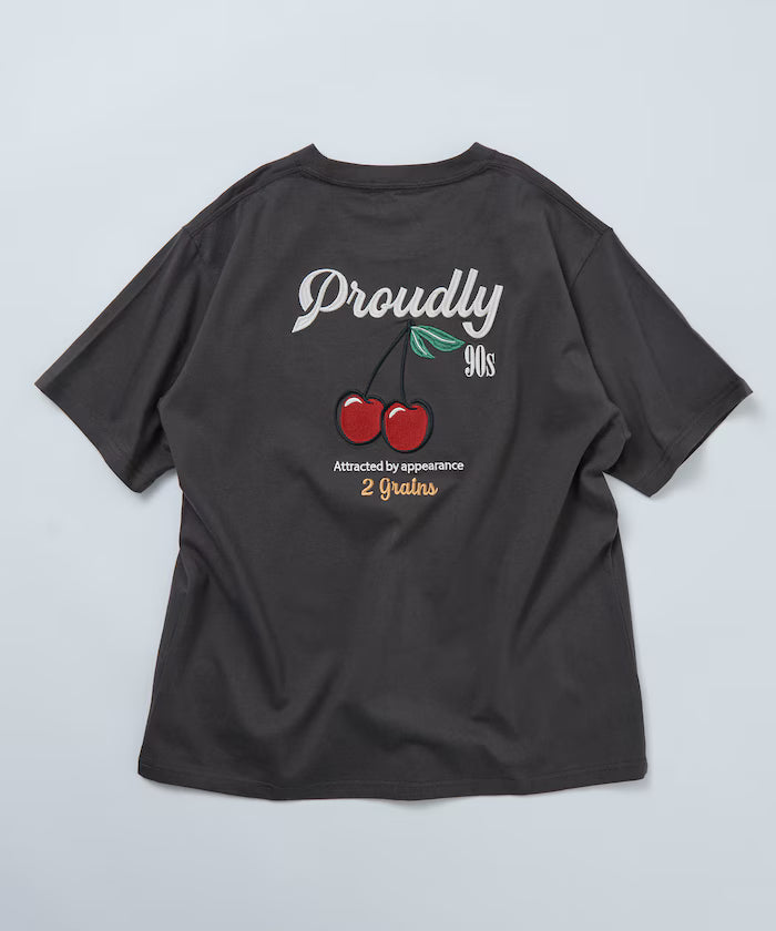 Relaxed Fit Design Back Embroidery Crew Neck T-Shirt / Cherry / Ringer 【Limited Edition】