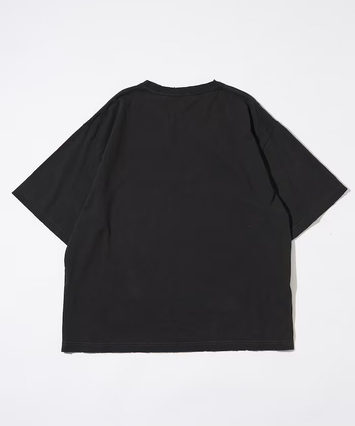 7.3 oz damaged processed front logo print short sleeve T-shirt / oversized crew neck short sleeve T-shirt