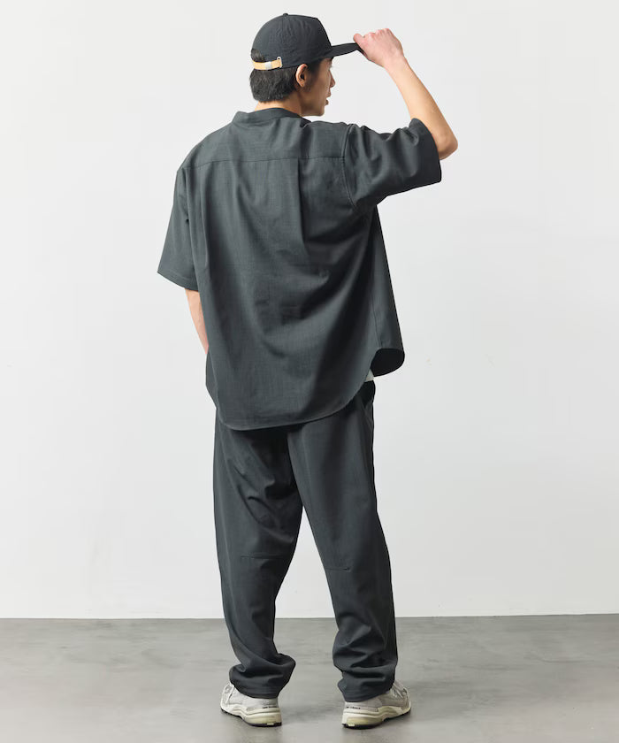 [New Color Added] Quick-Dry Material Relaxed Fit Band Collar Shirt Short Sleeve Linen Feel