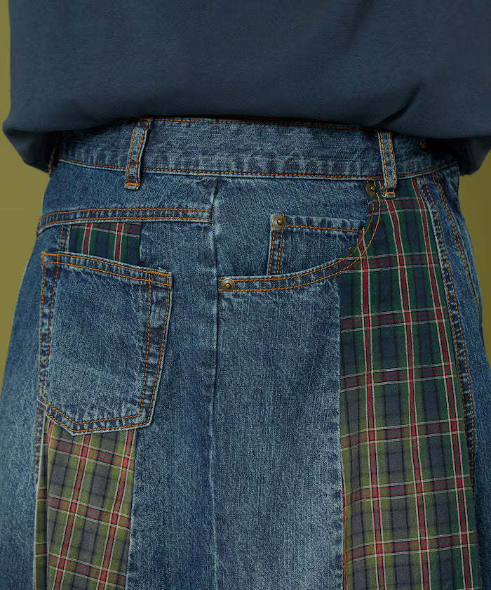 Side Front Denim Color Block Flared Skirt