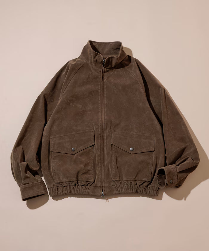 Washed processed leather red stand collar zip-up short blouson