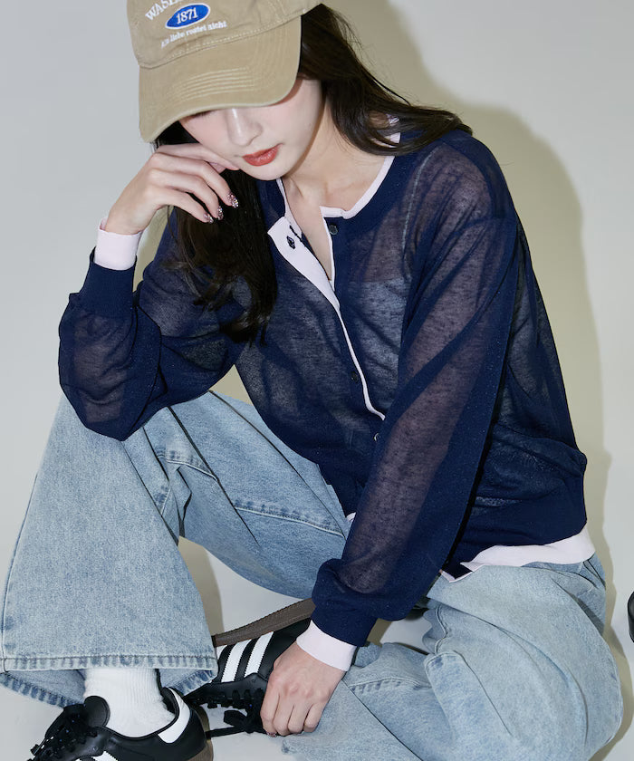 Washable Linen Color Block Sheer Knit Cardigan Limited Edition