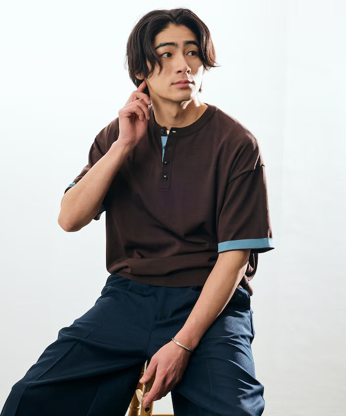 Relax Fit Relax Fit Cool Touch Color Block Henry Neck Pullover 【Limited Edition】 - Brown