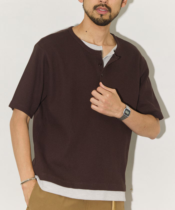 Waffle Fake Layered Henry Neck T-Shirt