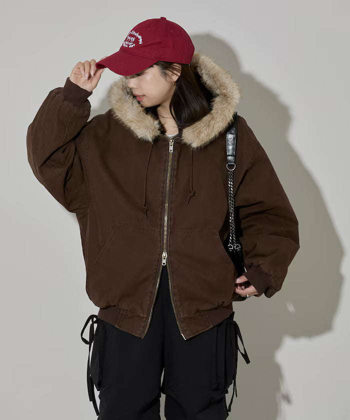 2way fake fur zip-up padded hooded jacket with detachable fur - Brown