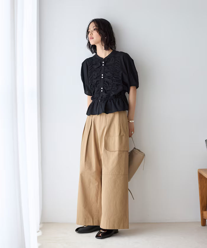 Sheer Shirring Volume Sleeve Blouse / 5 Short Sleeves