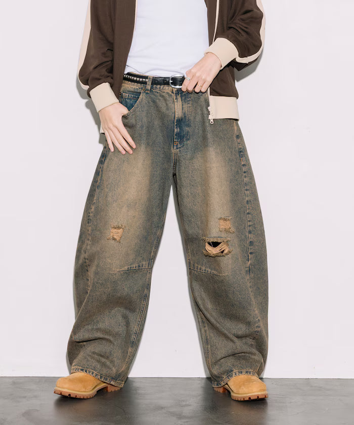 Wide Silhouette Curve Damaged Denim Pants - Dark Navy