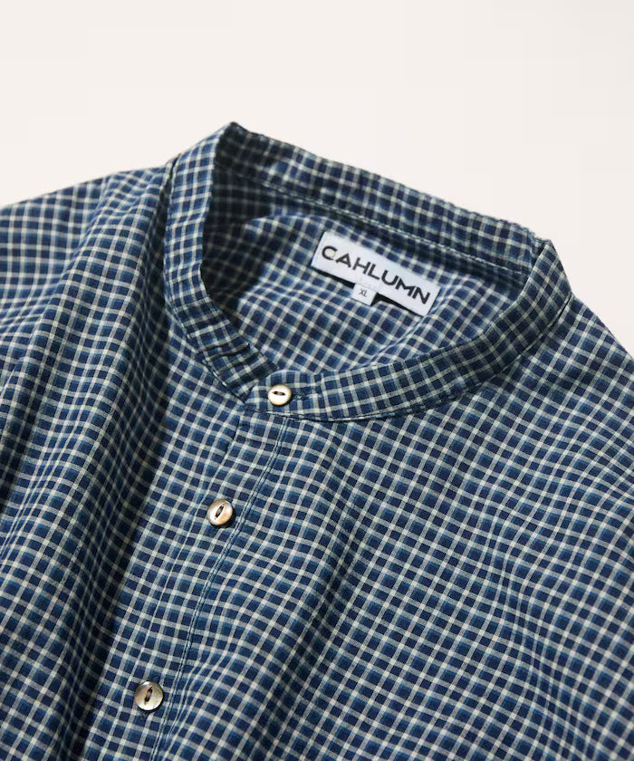 Indigo Madras Check Pullover Stand Collar Shirt
