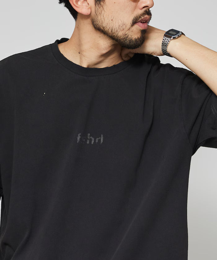 7.3 oz damaged processed front logo print short sleeve T-shirt / oversized crew neck short sleeve T-shirt