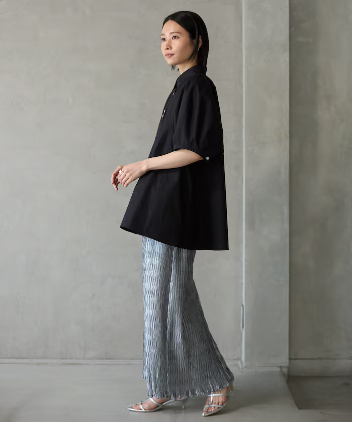 Switching Design Balloon Sleeve Shirt / 5-Minute Sleeve Blouse
