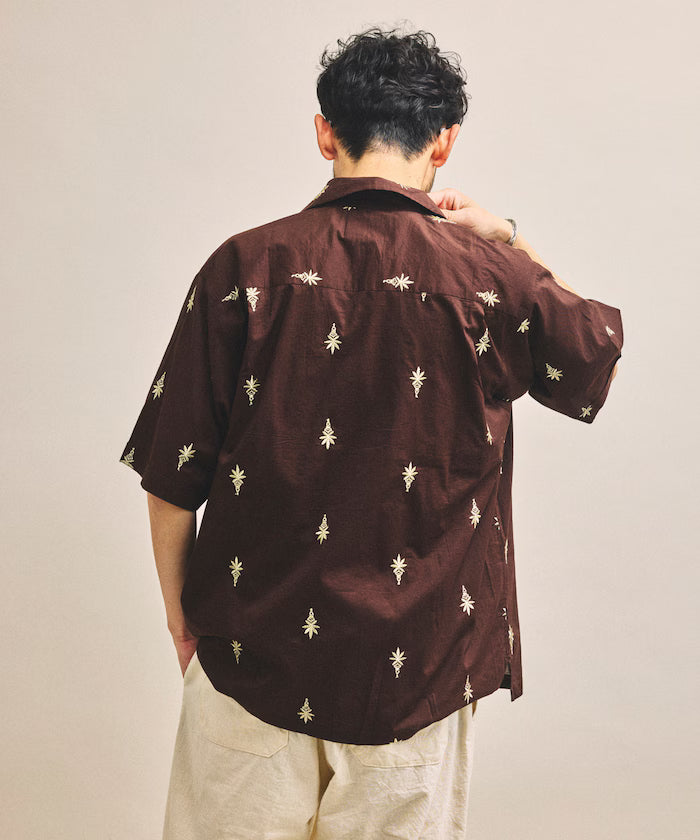 India-made all-over pattern embroidered relax-fit open collar short sleeve shirt
