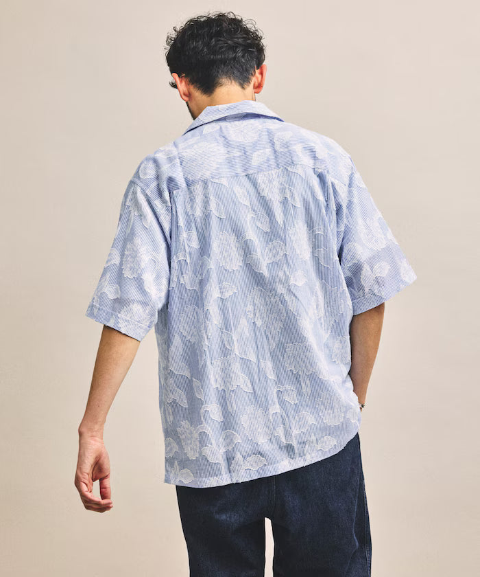 India-made Relaxed Fit Cut Jacquard Stripe Open Collar Short Sleeve Shirt