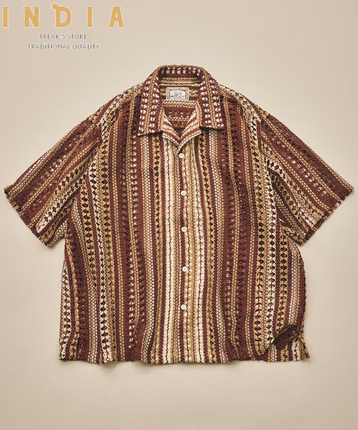 New color added: Indian-made relaxed fit all-over lace multi-stripe open collar short sleeve shirt - Brown