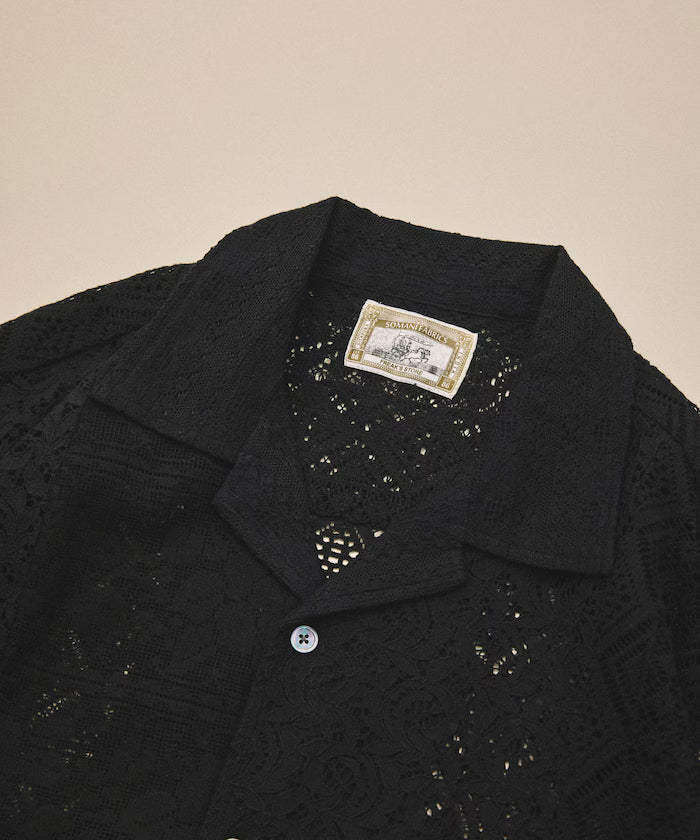 India-made Patchwork Lace Sheer Relaxed Fit Open Collar Shirt Short Sleeve