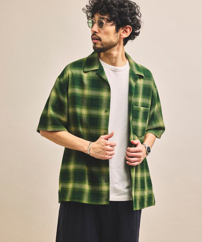 Dyed Ombre Check Open Collar Short Sleeve Sheer Shirt Relaxed Fit