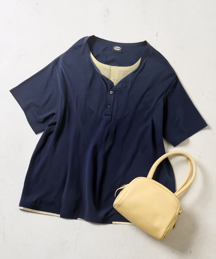 Fake Layered Henry Neck Cut-and-sew Short Sleeve T-shirt [Limited Edition] - Navy