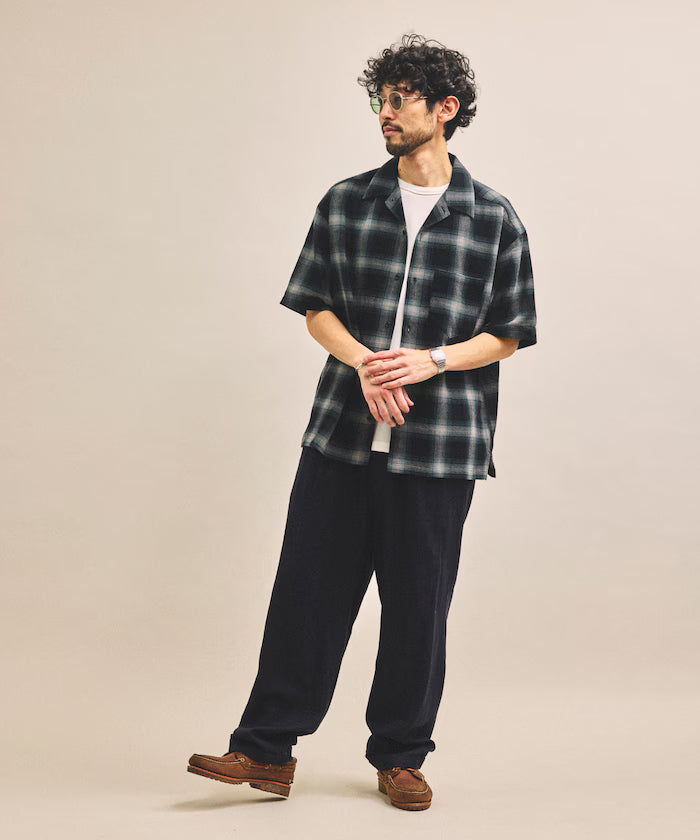 Dyed Ombre Check Open Collar Short Sleeve Sheer Shirt Relaxed Fit