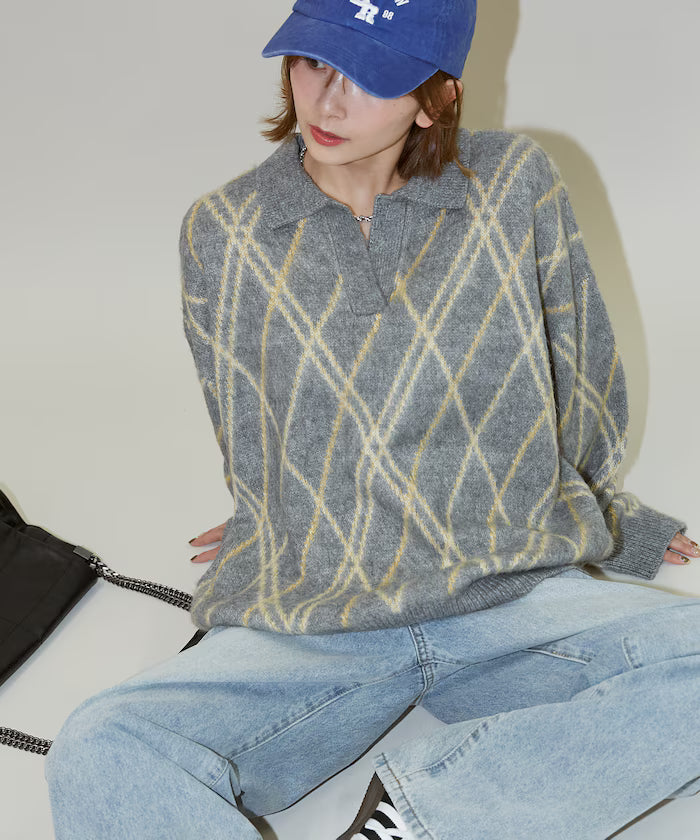 Checked pattern mohair touch skimmer knit limited edition