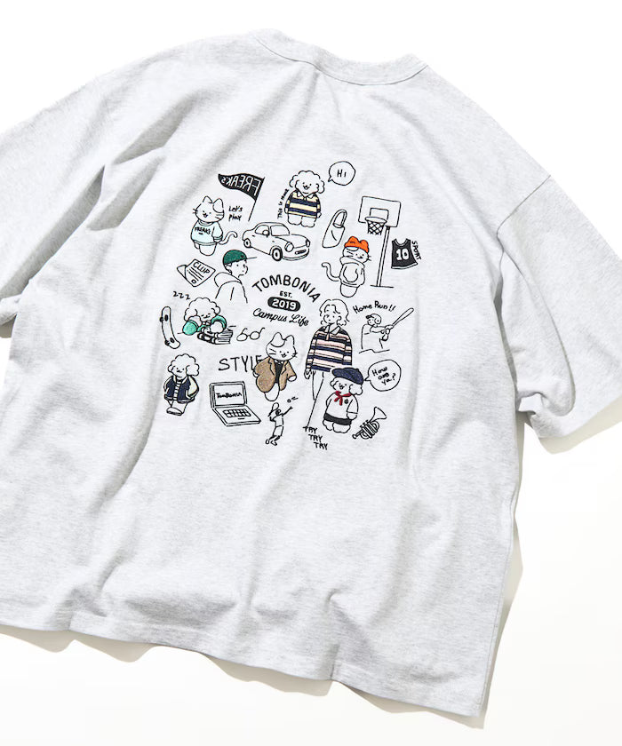 tombonia/Tombonia Back Print Crew Neck T-Shirt/Campus Life - Ash Gray