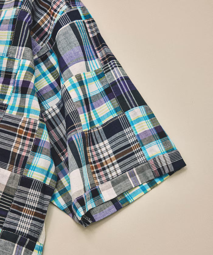 Indian-made Relaxed Fit Madras Check Patchwork Button-down Short Sleeve Shirt