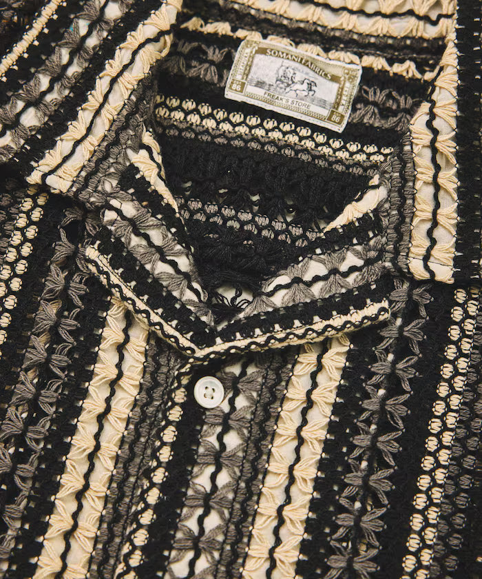 New color added: Indian-made relaxed fit all-over lace multi-stripe open collar short sleeve shirt