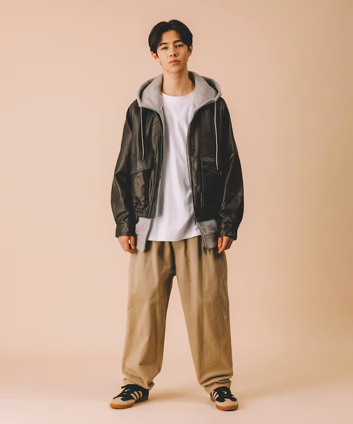 Washed processed leather red stand collar zip-up short blouson