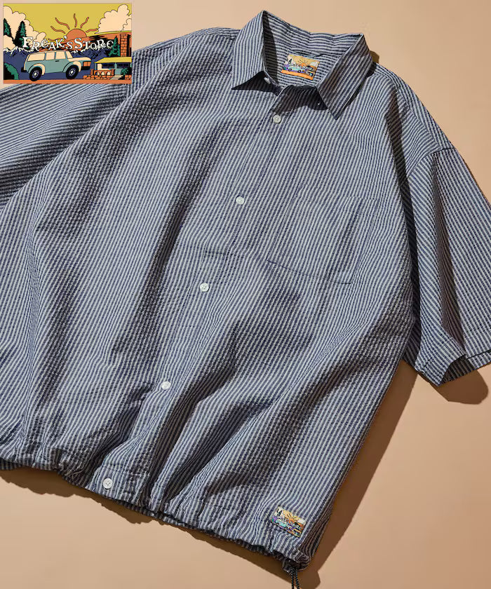 FREAK'S STORE for BEACH & FES Seersucker Spindle Regular Collar Short Sleeve Shirt - Blue Stripe