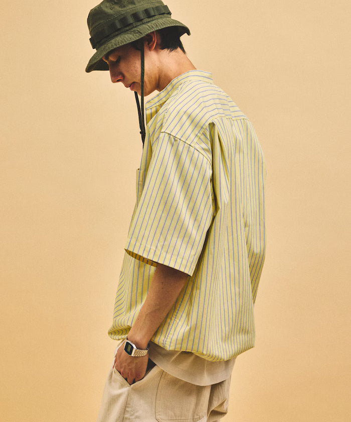 Typewriter Spindle Band Collar Stripe Short Sleeve Shirt