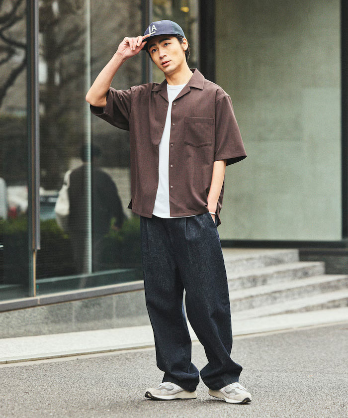 [New Color Addition] Quick-Dry Material Relaxed Fit Open Collar Short Sleeve Shirt Linen-Like