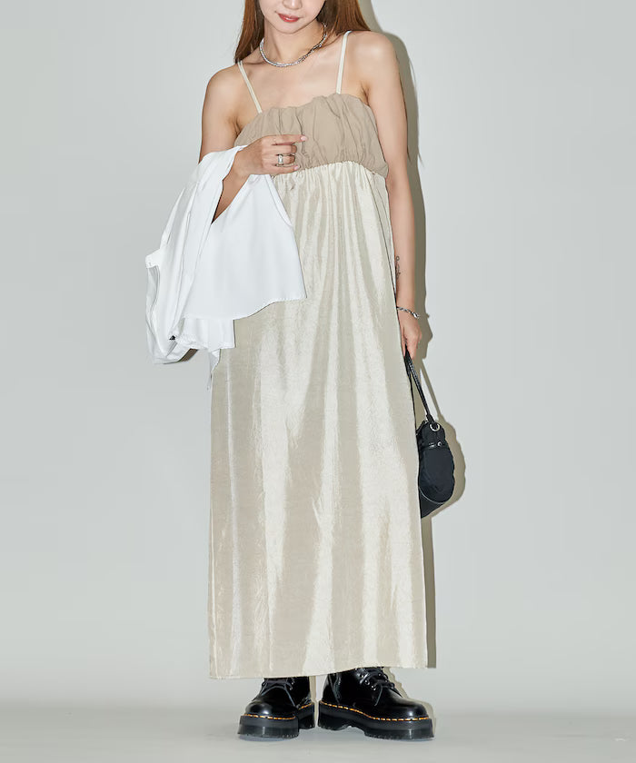 Mixed Material Shirring Satin Dress Limited Release
