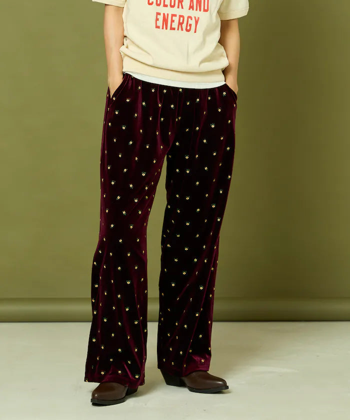 Small Flower Embroidery Velvet Pants