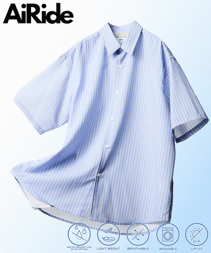 AiRide/AiRide Relax Fit Short Sleeve Regular Collar Shirt/Pocketable/Quick Drying/UV Cut [Limited Edition] - Sax Stripe