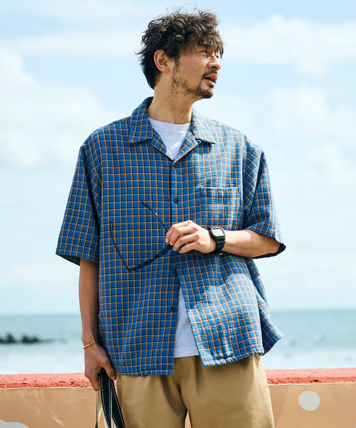 AUSTRALIAN COTTON Open Collar Check Shirt Short Sleeve
