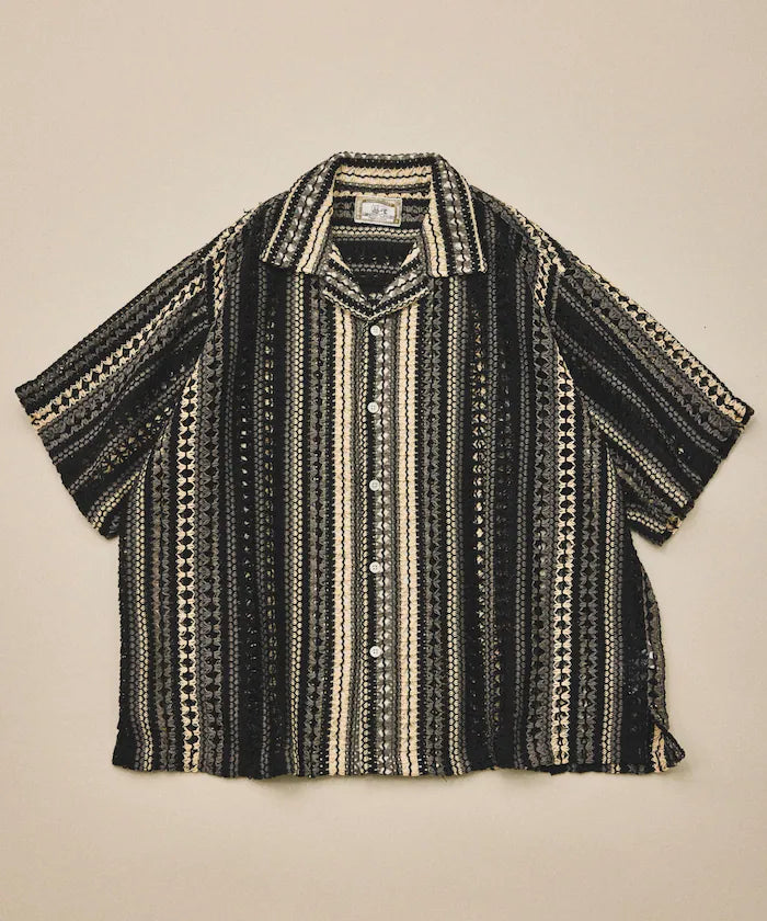 New color added: Indian-made relaxed fit all-over lace multi-stripe open collar short sleeve shirt
