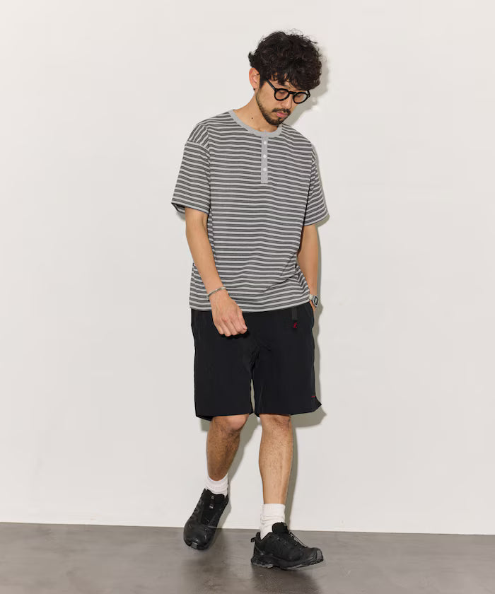 Multi-border Henley Neck Short Sleeve T-shirt