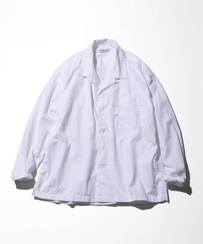 Magazine Pocket Broadcloth Open Collar Shirt - White